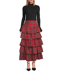 Sugarlips Plaid Print High Waist Ruffle Tiered Pull-On Maxi Skirt