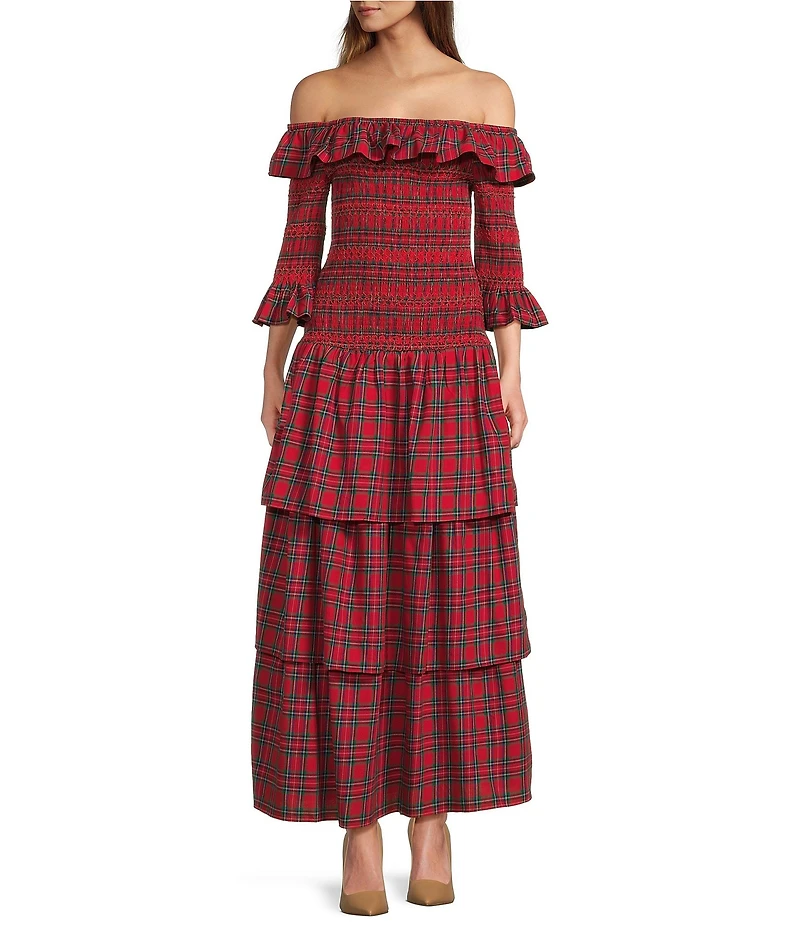 Sugarlips Plaid Print Off-The-Shoulder 3/4 Sleeve Drop Waist Ruffle Tiered Maxi Dress