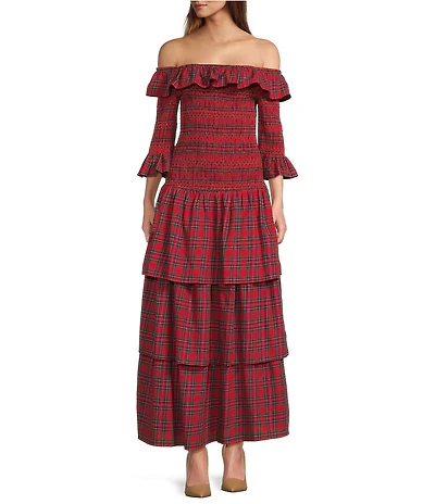 Sugarlips Plaid Print Off-The-Shoulder 3/4 Sleeve Drop Waist Ruffle Tiered Maxi Dress