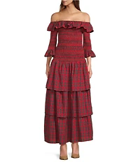 Sugarlips Plaid Print Off-The-Shoulder 3/4 Sleeve Drop Waist Ruffle Tiered Maxi Dress
