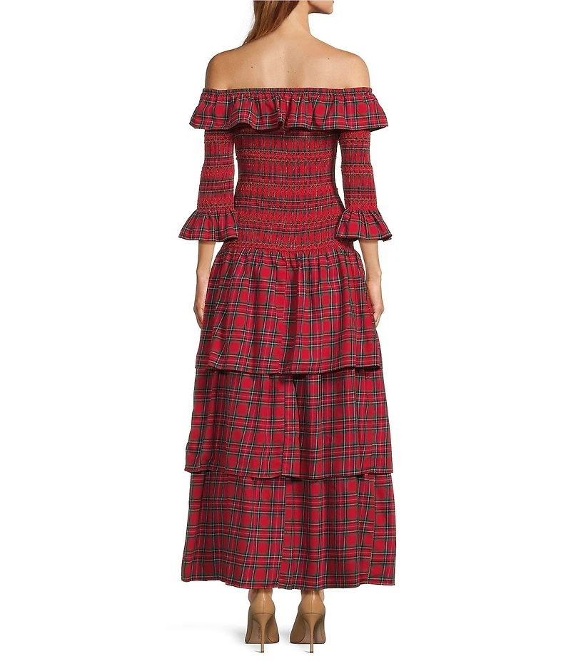 Sugarlips Plaid Print Off-The-Shoulder 3/4 Sleeve Drop Waist Ruffle Tiered Maxi Dress