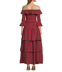 Sugarlips Plaid Print Off-The-Shoulder 3/4 Sleeve Drop Waist Ruffle Tiered Maxi Dress