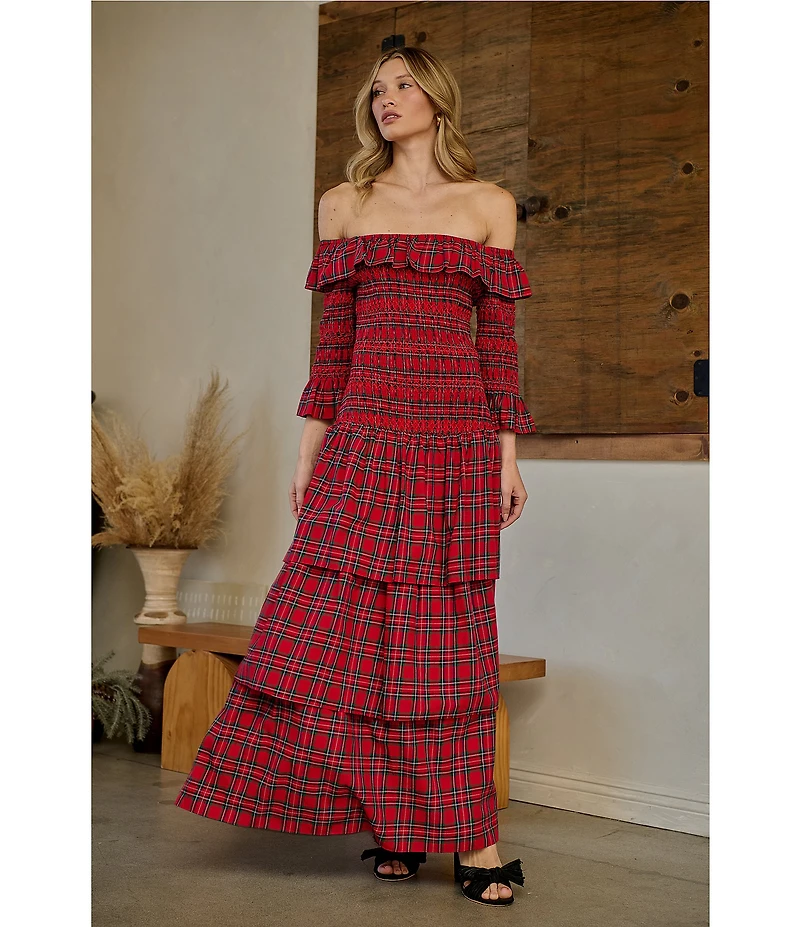 Sugarlips Plaid Print Off-The-Shoulder 3/4 Sleeve Drop Waist Ruffle Tiered Maxi Dress