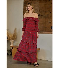 Sugarlips Plaid Print Off-The-Shoulder 3/4 Sleeve Drop Waist Ruffle Tiered Maxi Dress