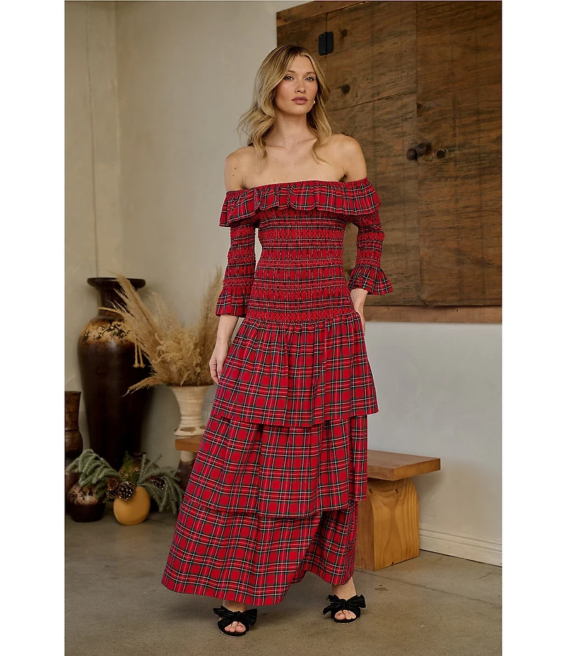 Sugarlips Plaid Print Off-The-Shoulder 3/4 Sleeve Drop Waist Ruffle Tiered Maxi Dress