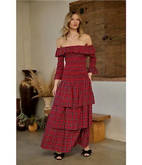 Sugarlips Plaid Print Off-The-Shoulder 3/4 Sleeve Drop Waist Ruffle Tiered Maxi Dress