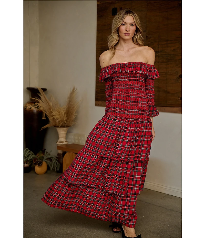 Sugarlips Plaid Print Off-The-Shoulder 3/4 Sleeve Drop Waist Ruffle Tiered Maxi Dress