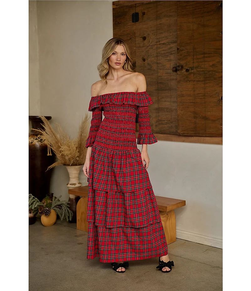 Sugarlips Plaid Print Off-The-Shoulder 3/4 Sleeve Drop Waist Ruffle Tiered Maxi Dress