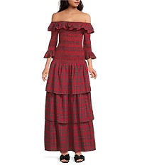 Sugarlips Plaid Print Off-The-Shoulder 3/4 Sleeve Drop Waist Ruffle Tiered Maxi Dress