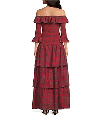 Sugarlips Plaid Print Off-The-Shoulder 3/4 Sleeve Drop Waist Ruffle Tiered Maxi Dress