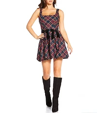 Sugarlips Plaid Print Square Neck Velvet Bow Bubble Hem Fit & Flare Dress