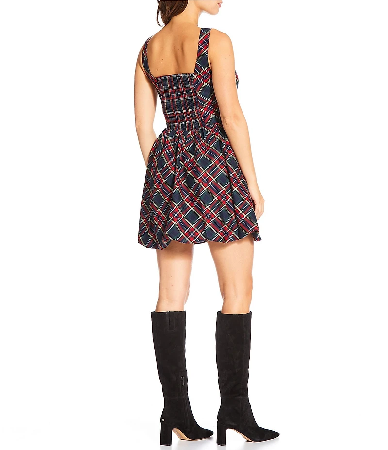 Sugarlips Plaid Print Square Neck Velvet Bow Bubble Hem Fit & Flare Dress