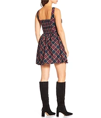 Sugarlips Plaid Print Square Neck Velvet Bow Bubble Hem Fit & Flare Dress