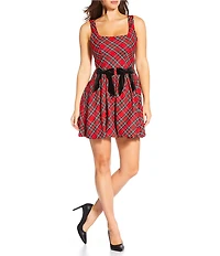 Sugarlips Plaid Print Square Neck Velvet Bow Bubble Hem Fit & Flare Dress