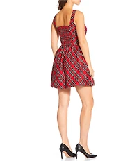 Sugarlips Plaid Print Square Neck Velvet Bow Bubble Hem Fit & Flare Dress