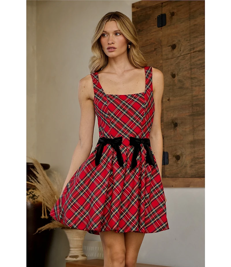 Sugarlips Plaid Print Square Neck Velvet Bow Bubble Hem Fit & Flare Dress