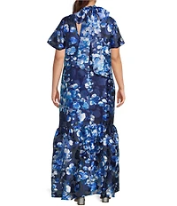 Sugarlips Plus Abay Floral Short Sleeve Jacquard/Organza Long Dress