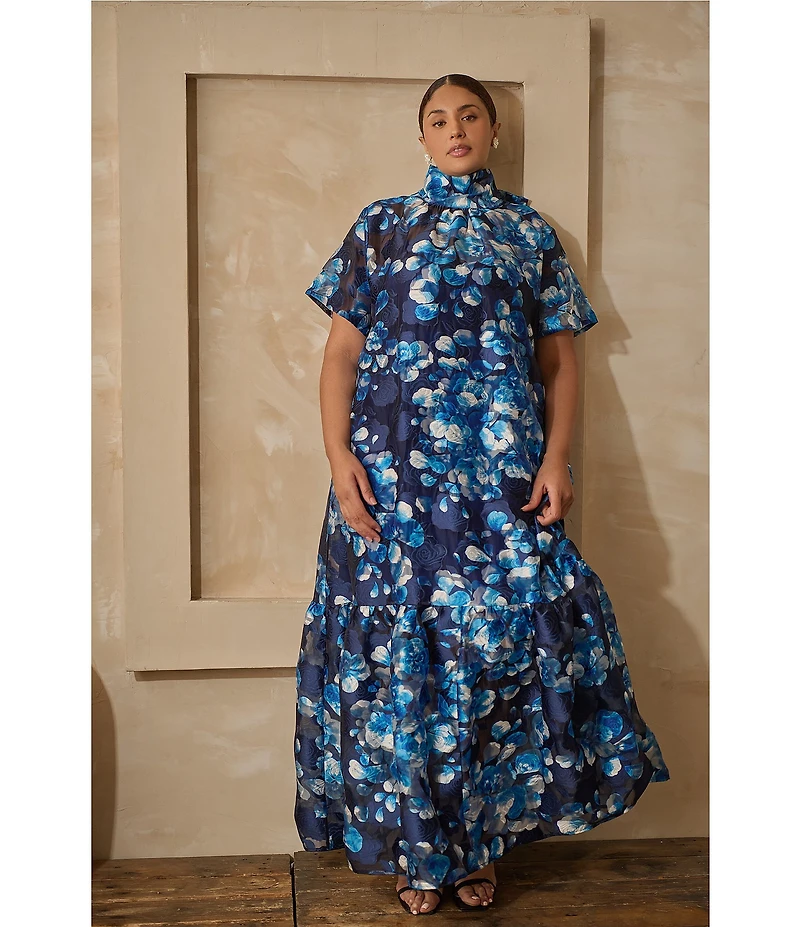 Sugarlips Plus Abay Floral Short Sleeve Jacquard/Organza Long Dress