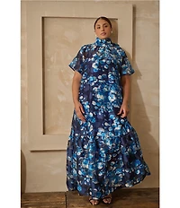 Sugarlips Plus Abay Floral Short Sleeve Jacquard/Organza Long Dress