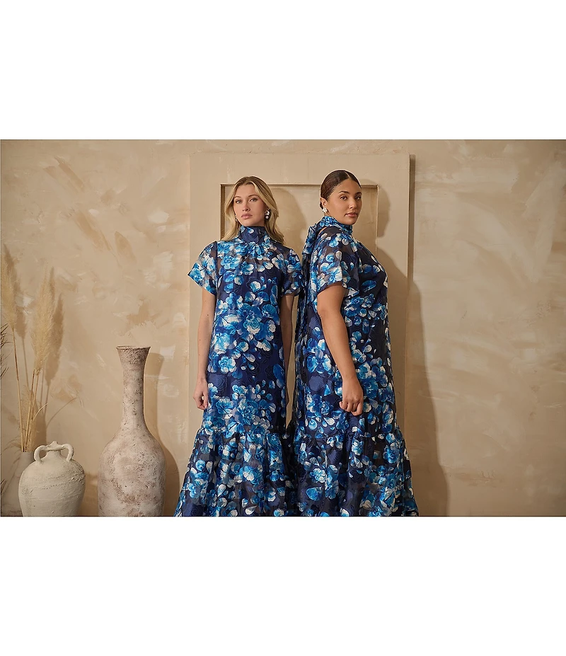 Sugarlips Plus Abay Floral Short Sleeve Jacquard/Organza Long Dress