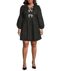 Sugarlips Plus Arielle Floral Jacquard Rhinestone Bow Round Neck Long Sleeve Dress
