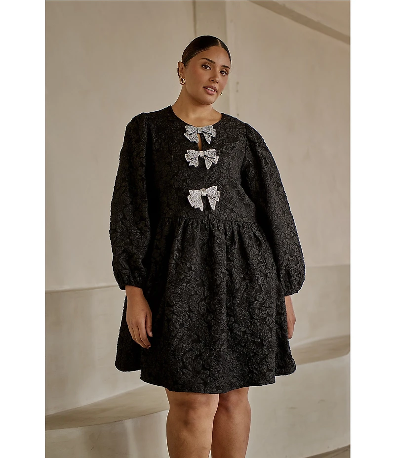 Sugarlips Plus Arielle Floral Jacquard Rhinestone Bow Round Neck Long Sleeve Dress