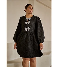 Sugarlips Plus Arielle Floral Jacquard Rhinestone Bow Round Neck Long Sleeve Dress