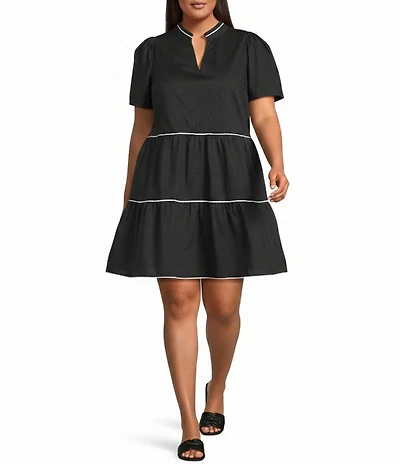 Sugarlips Plus Size Candace Puffed Short Sleeve Tiered Poplin Minidress