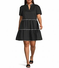 Sugarlips Plus Size Candace Puffed Short Sleeve Tiered Poplin Minidress