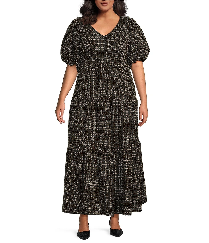 Sugarlips Plus Carrol Zaylee Tweed May V-Neck Short Sleeve Tiered Midi Dress