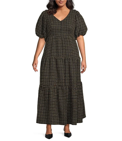 Sugarlips Plus Carrol Zaylee Tweed May V-Neck Short Sleeve Tiered Midi Dress