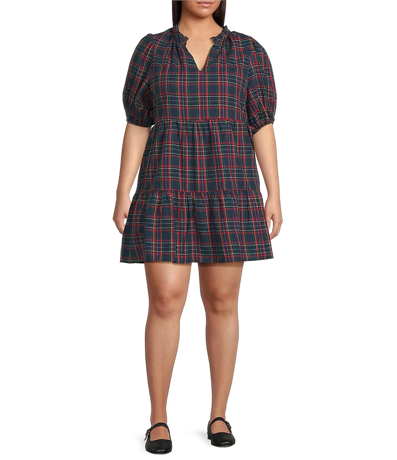 Sugarlips Plus Chapman Plaid Jacey Split V-Neck Short Sleeve Mini Dress