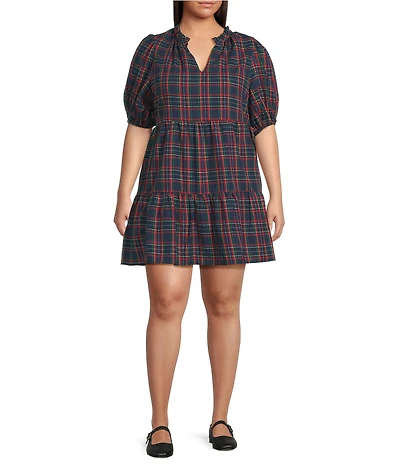 Sugarlips Plus Chapman Plaid Jacey Split V-Neck Short Sleeve Mini Dress