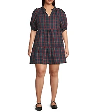 Sugarlips Plus Chapman Plaid Jacey Split V-Neck Short Sleeve Mini Dress