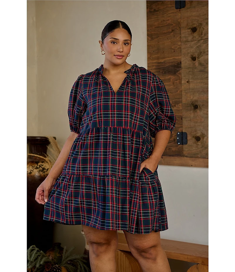Sugarlips Plus Chapman Plaid Jacey Split V-Neck Short Sleeve Mini Dress