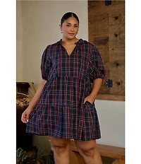 Sugarlips Plus Chapman Plaid Jacey Split V-Neck Short Sleeve Mini Dress