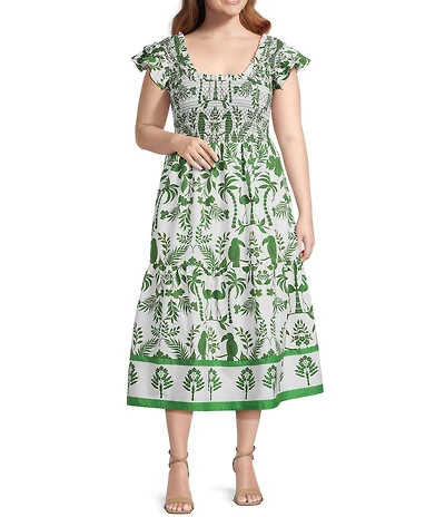 Sugarlips Plus Double Ruffle Poplin Scoop Neck Smocked Midi Dress