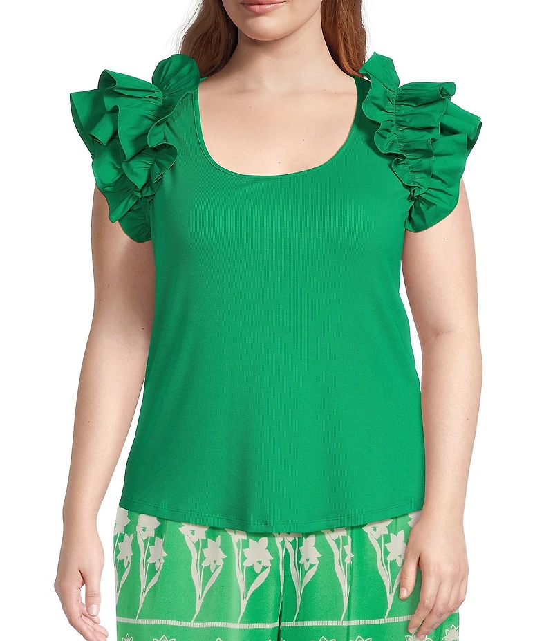 Sugarlips Plus Double Ruffle Ribbed and Poplin Short Sleeve Top