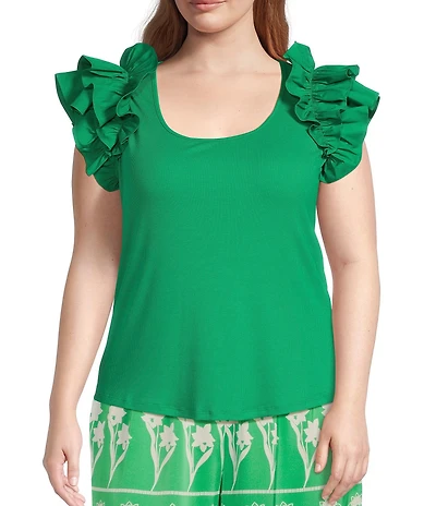 Sugarlips Plus Double Ruffle Ribbed and Poplin Short Sleeve Top