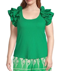 Sugarlips Plus Double Ruffle Ribbed and Poplin Short Sleeve Top