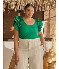 Sugarlips Plus Double Ruffle Ribbed and Poplin Short Sleeve Top