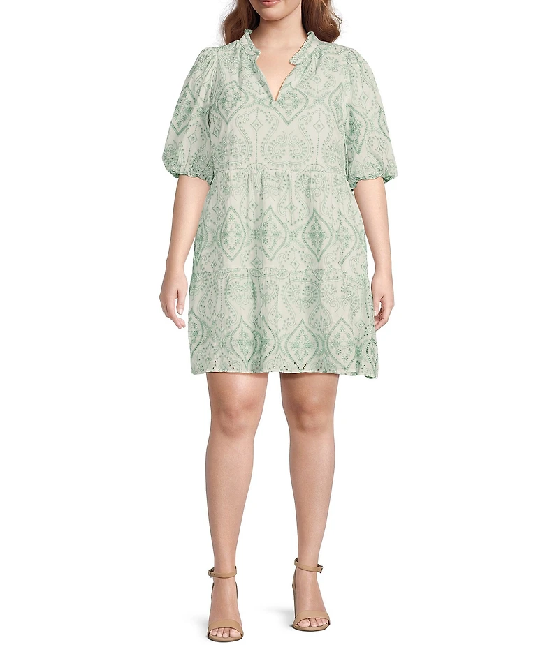 Sugarlips Plus Evelyn Jacey Floral/Paisley Eyelet Embroidered Puffed Sleeve Shift Dress