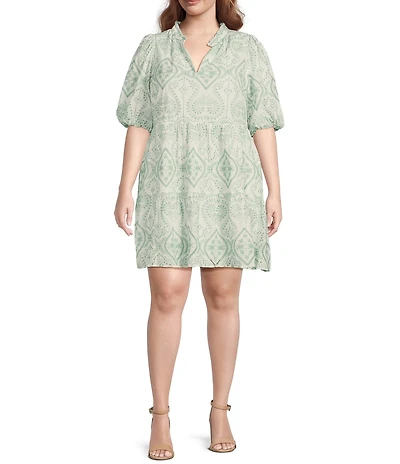 Sugarlips Plus Evelyn Jacey Floral/Paisley Eyelet Embroidered Puffed Sleeve Shift Dress