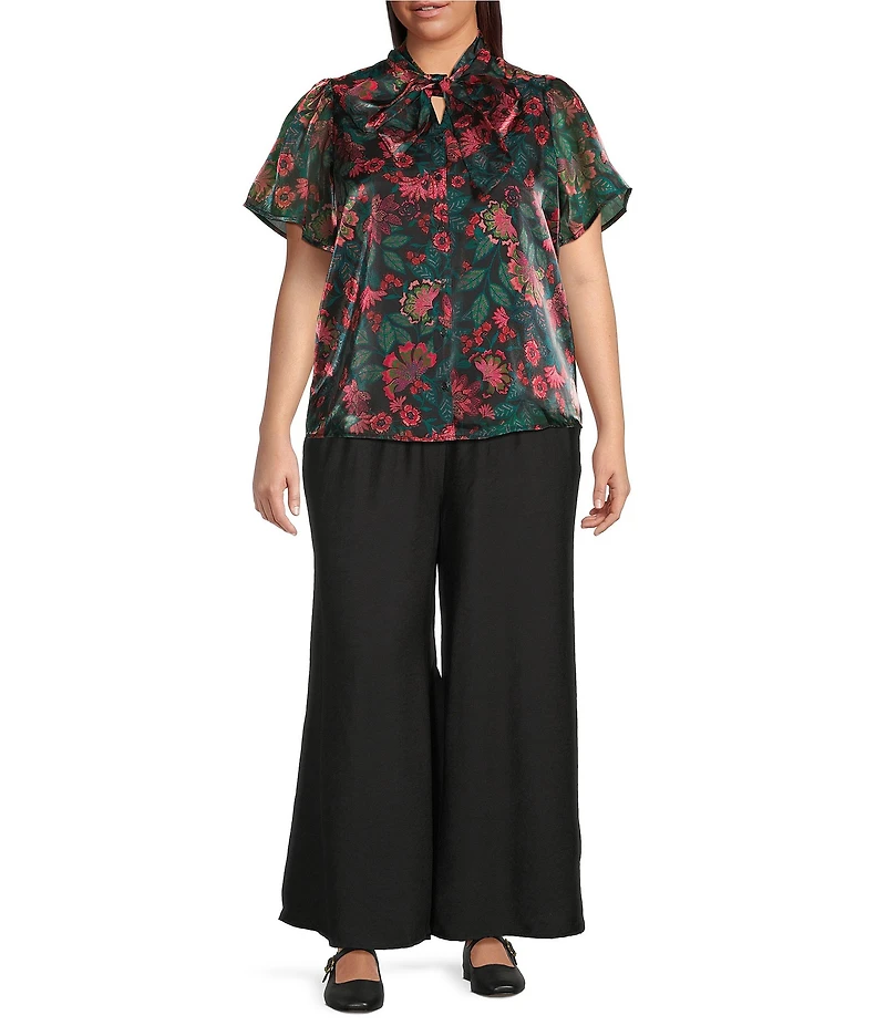 Sugarlips Plus Floral Organza Bow Tie Neck Short Sleeve Button Front Blouse