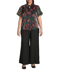 Sugarlips Plus Floral Organza Bow Tie Neck Short Sleeve Button Front Blouse