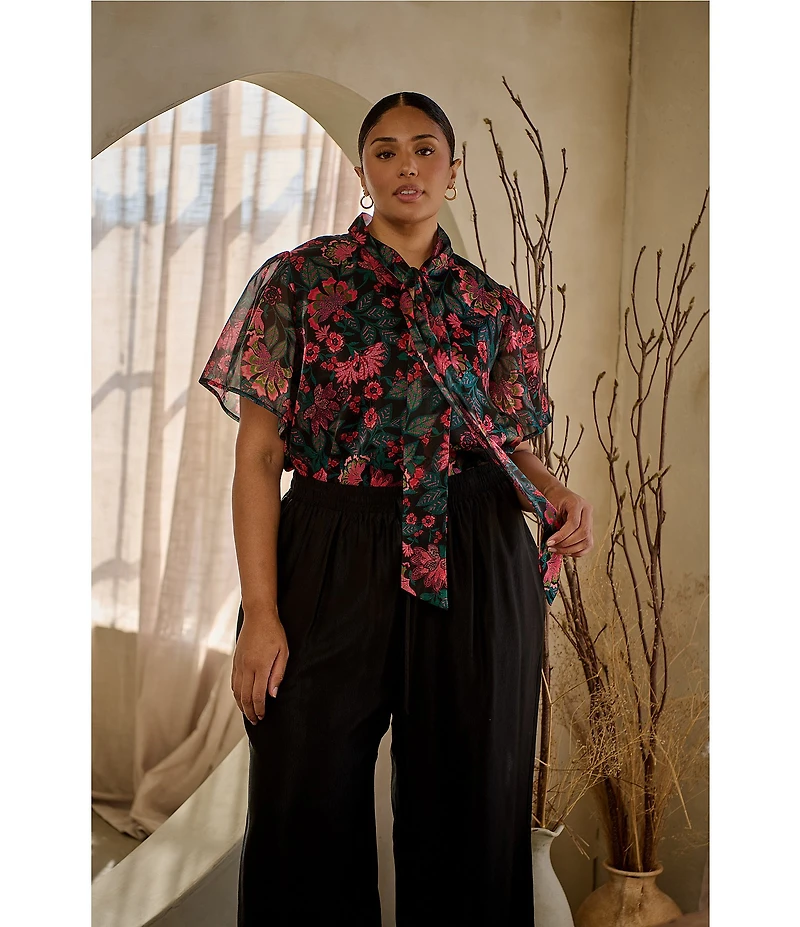 Sugarlips Plus Floral Organza Bow Tie Neck Short Sleeve Button Front Blouse