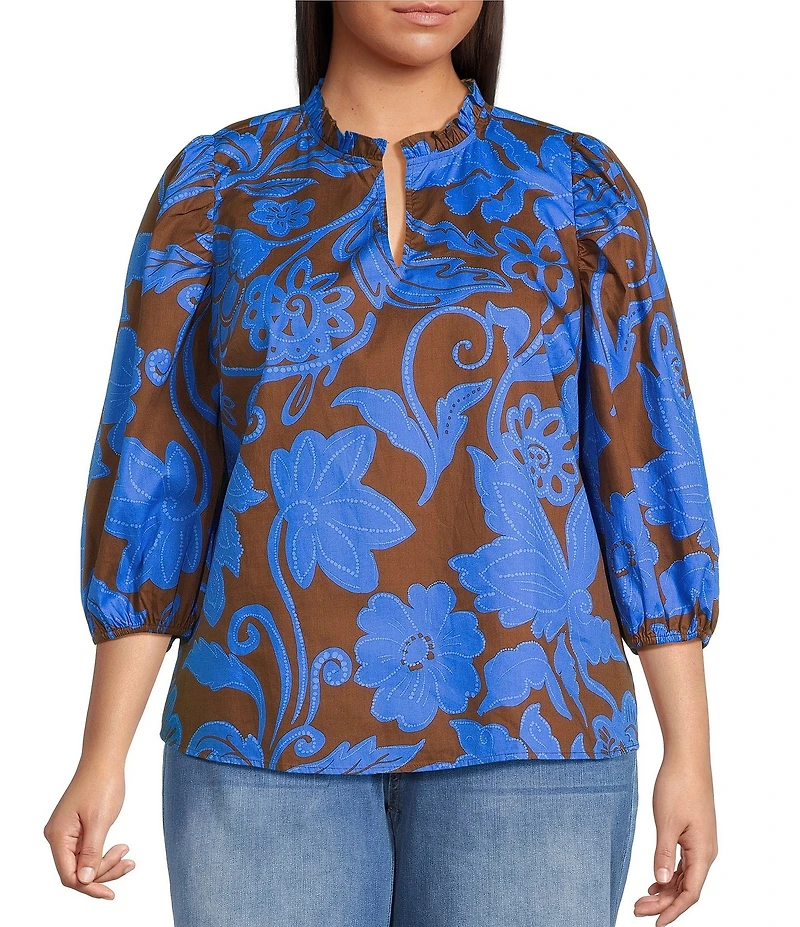 Sugarlips Plus Floral Print Kiley Ruffle Split V-Neck Balloon Sleeve Blouse