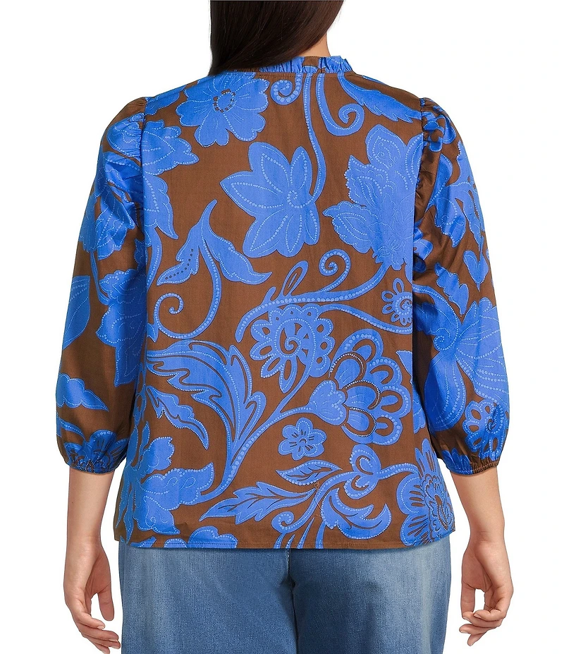 Sugarlips Plus Floral Print Kiley Ruffle Split V-Neck Balloon Sleeve Blouse