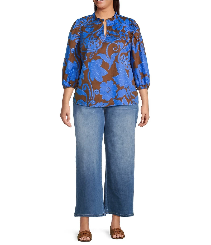 Sugarlips Plus Floral Print Kiley Ruffle Split V-Neck Balloon Sleeve Blouse