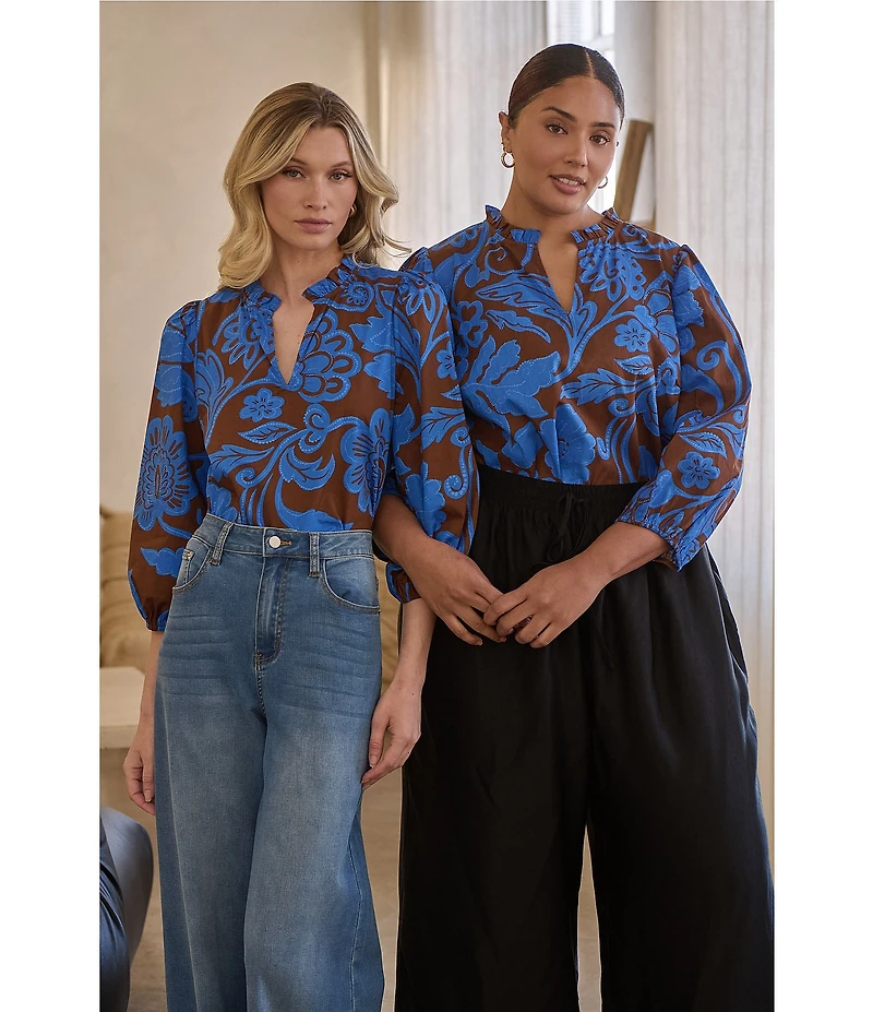 Sugarlips Plus Floral Print Kiley Ruffle Split V-Neck Balloon Sleeve Blouse